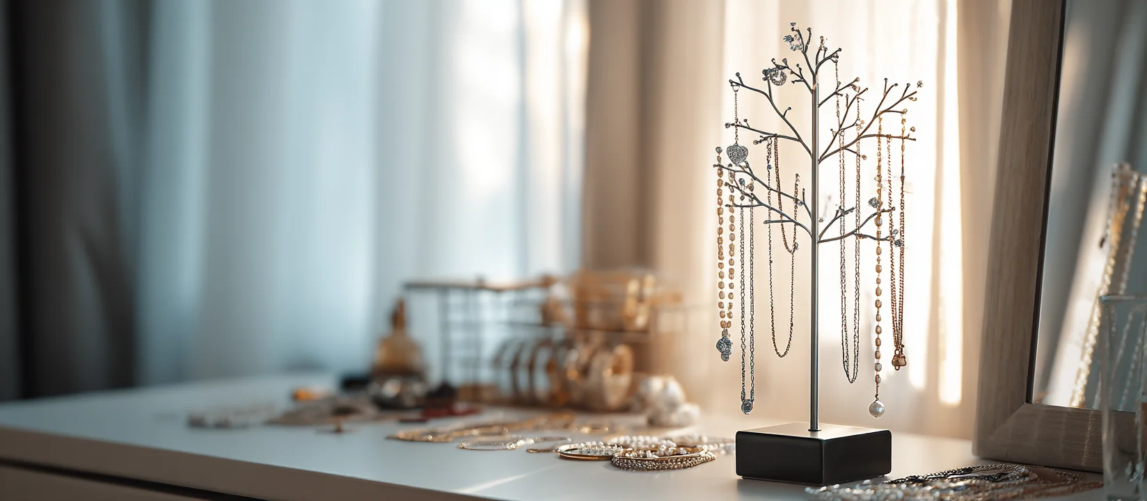 A close-up view of the minimalist golden necklace tree holder, showing its smooth finish.